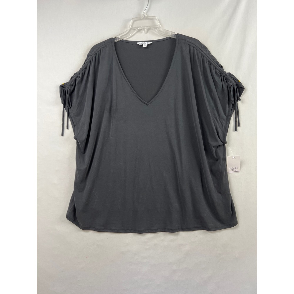 Ophelia Roe Scrunched Top Women 2X Gray NEW V-Neck Drawstring Shoulder Oversized
